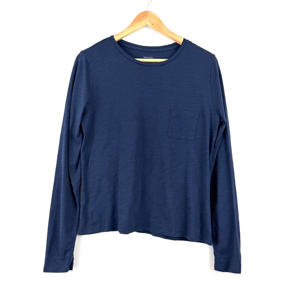 Garnet Hill Navy Blue 100% Organic Pima Cotton Long Sleeve Pocket Tee Medium